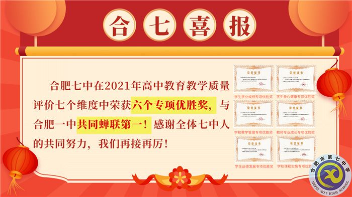 合肥七中在2021你那高中教學(xué)質(zhì)量評(píng)價(jià)中榮獲六個(gè)A專項(xiàng)優(yōu)勝獎(jiǎng)，與合肥七中共同蟬聯(lián)第一！.jpg